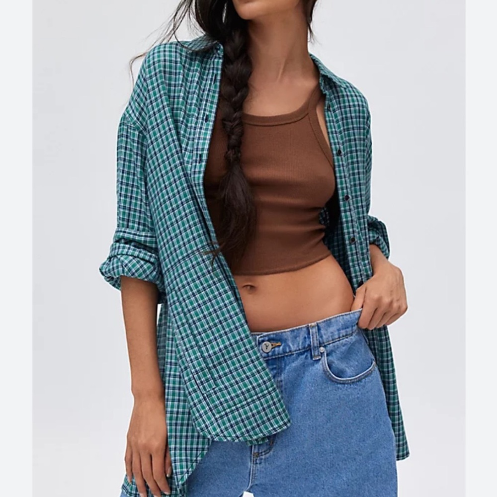New BDG Boyfriend Plaid Flannel Women’s Shirt Top Small Oversized | Blue Teal
